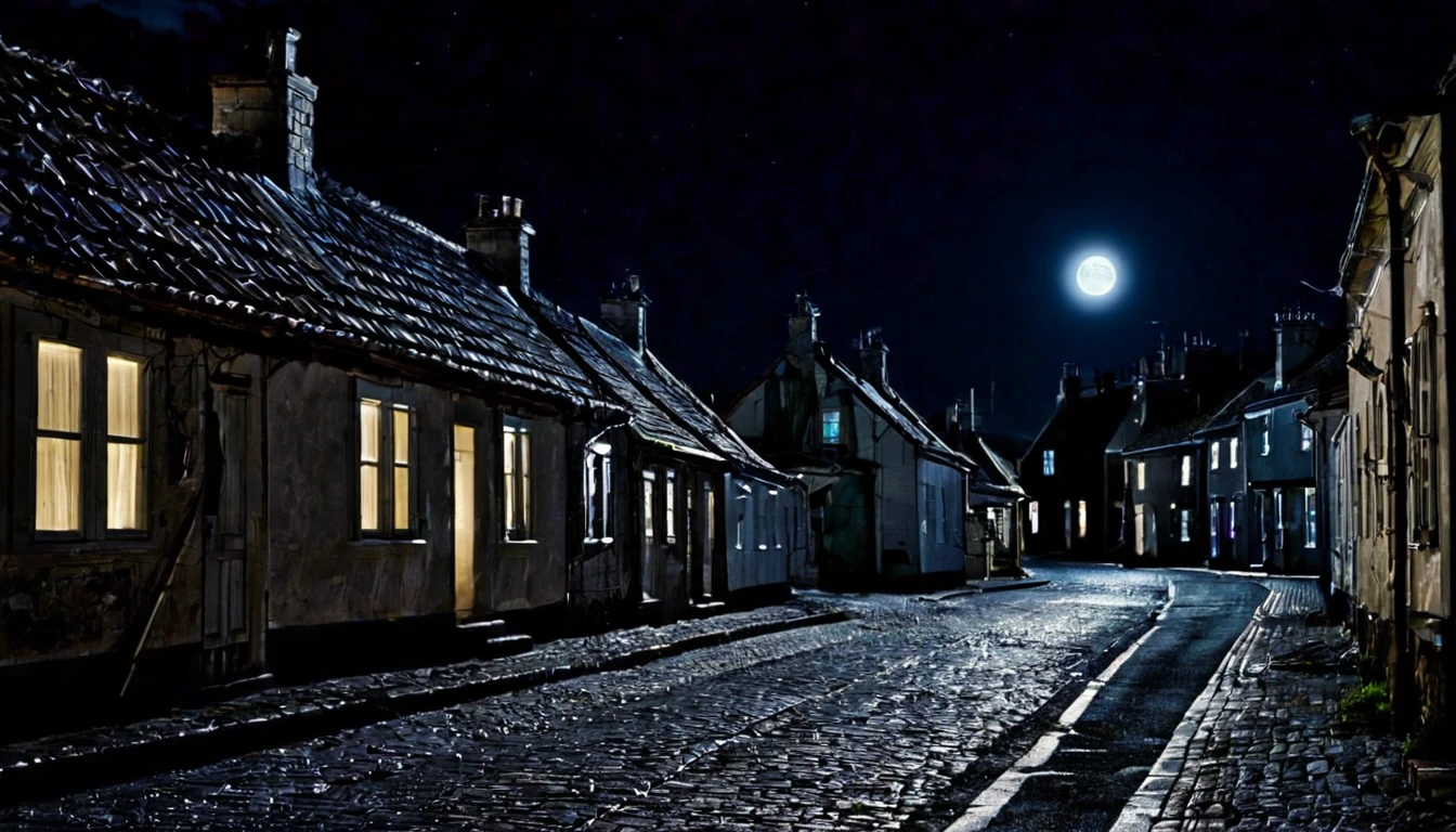 deserted street, several houses, dark night