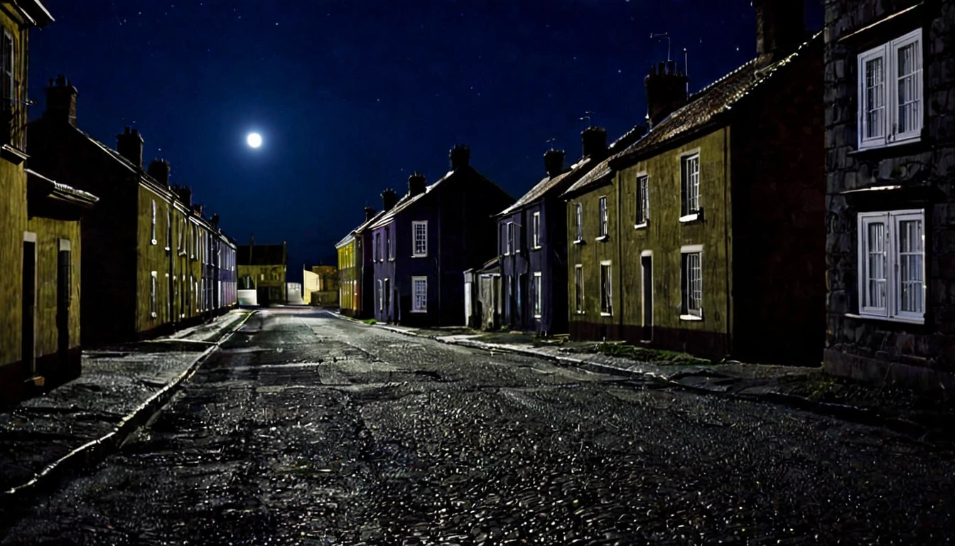 deserted street, several houses, dark night