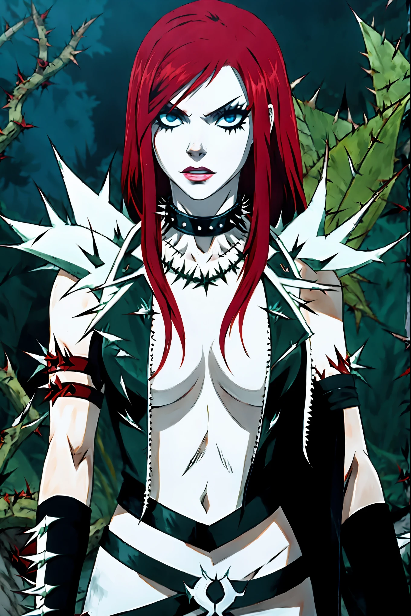 Erza, Red hair, white skin covered in white makeup, punk clothes, collar of thorns around the neck, thorn bracelets on wrists