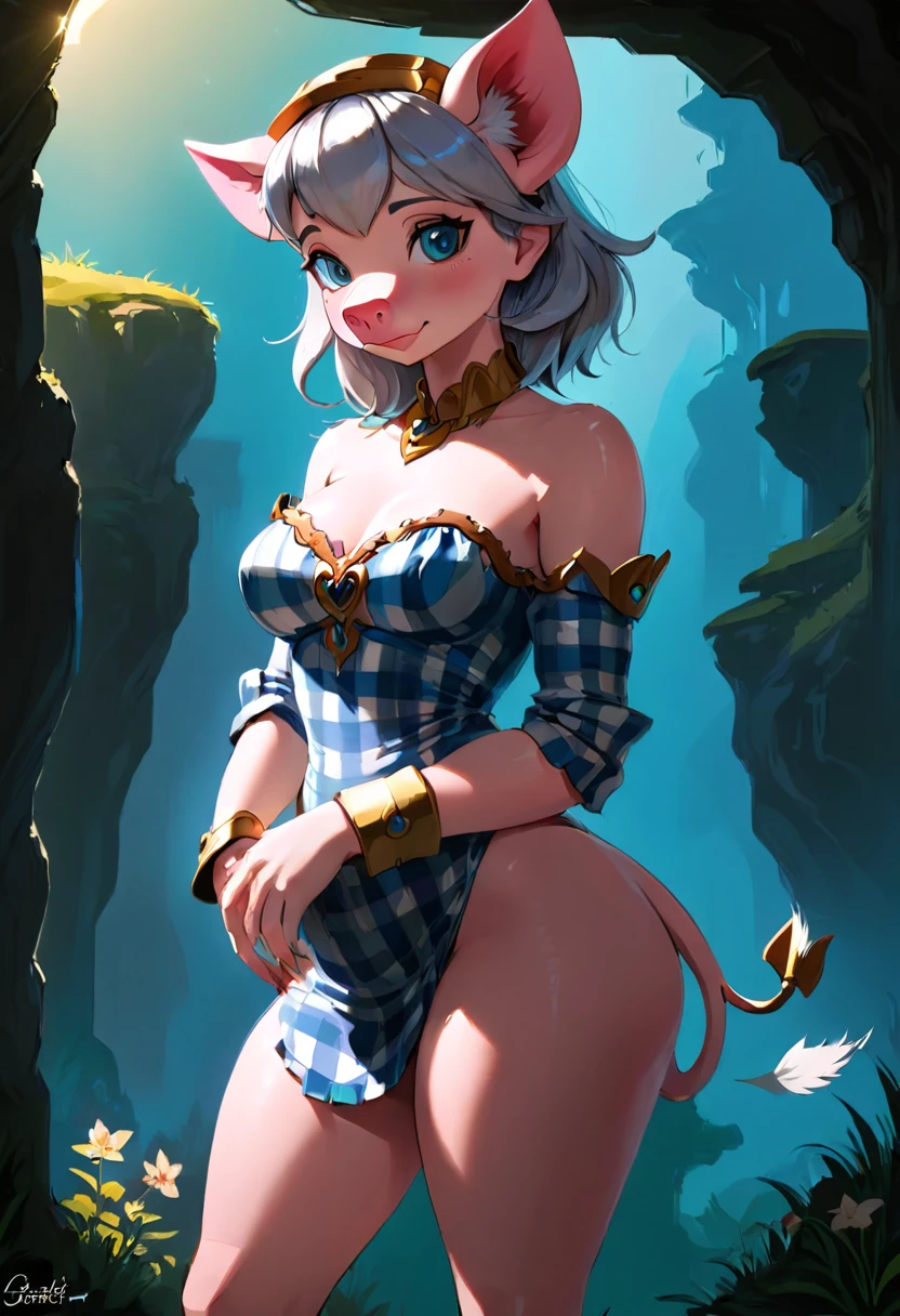 Create an illustrated, hand-drawn, full-color image of an humanoid, hybrid, anthropomorphic, sexy pig woman. The artwork should be rendered in the style of "Breath of the Wild," featuring warm lighting and shadows. Include graphite shading, stencil marks, and airbrushed acrylic paint effects. The image should be of the highest quality, a masterpiece with intricate details. cow nose, cow ears. The pig woman should have a female, humanoid, appearance. She should have luscious lips, a wide smile, and bright, expressive eyes, exuding beauty, cuteness, and adorableness. Ensure the image is high resolution and sharply detailed, with a detailed and vibrant background. Scarlett Johanson, Alison Brie, Dove Cameron Incorporate mystical lighting in the background, creating a romantic and enchanting atmosphere. gingham dress.