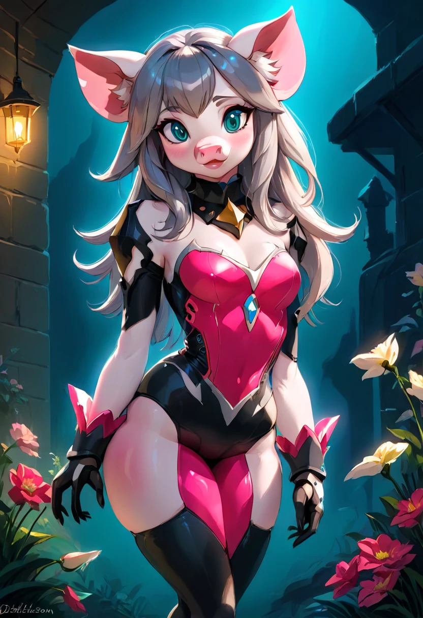 Create an illustrated, hand-drawn, full-color image of an humanoid, hybrid, anthropomorphic, sexy pig woman. The artwork should be rendered in the style of "Breath of the Wild," featuring warm lighting and shadows. Include graphite shading, stencil marks, and airbrushed acrylic paint effects. The image should be of the highest quality, a masterpiece with intricate details. cow nose, cow ears. The pig woman should have a female, humanoid, appearance. She should have luscious lips, a wide smile, and bright, expressive eyes, exuding beauty, cuteness, and adorableness. Ensure the image is high resolution and sharply detailed, with a detailed and vibrant background. Scarlett Johanson, Alison Brie, Dove Cameron Incorporate mystical lighting in the background, creating a romantic and enchanting atmosphere. gingham dress.
