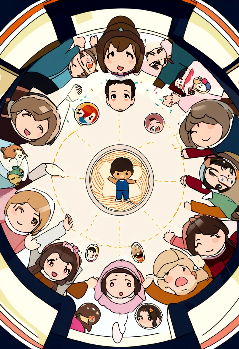 (sticker), (3D anime), ((family of 4 people)), father, mother, eldest daughter, youngest daughter, fatherและmotherอยู่ด้านนอก, Two children were inside., (in circle background), Very detailed, Detailed diagram, is a vector, 8K, 专业sticker设计, graphic design, Vector Lines, sticker, Full HD, round family