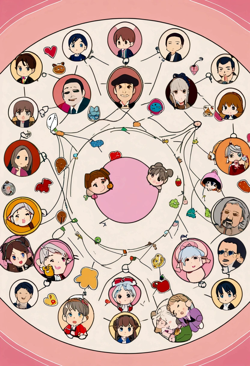 (sticker), (3D anime), ((family of 4 people)), father, mother, eldest daughter, youngest daughter,  fatherและmotherอยู่ด้านนอก, Two children were inside., (in circle background), Very detailed, Detailed diagram, is a vector, 8K, 专业sticker设计, graphic design, Vector Lines, sticker, Full HD, round family