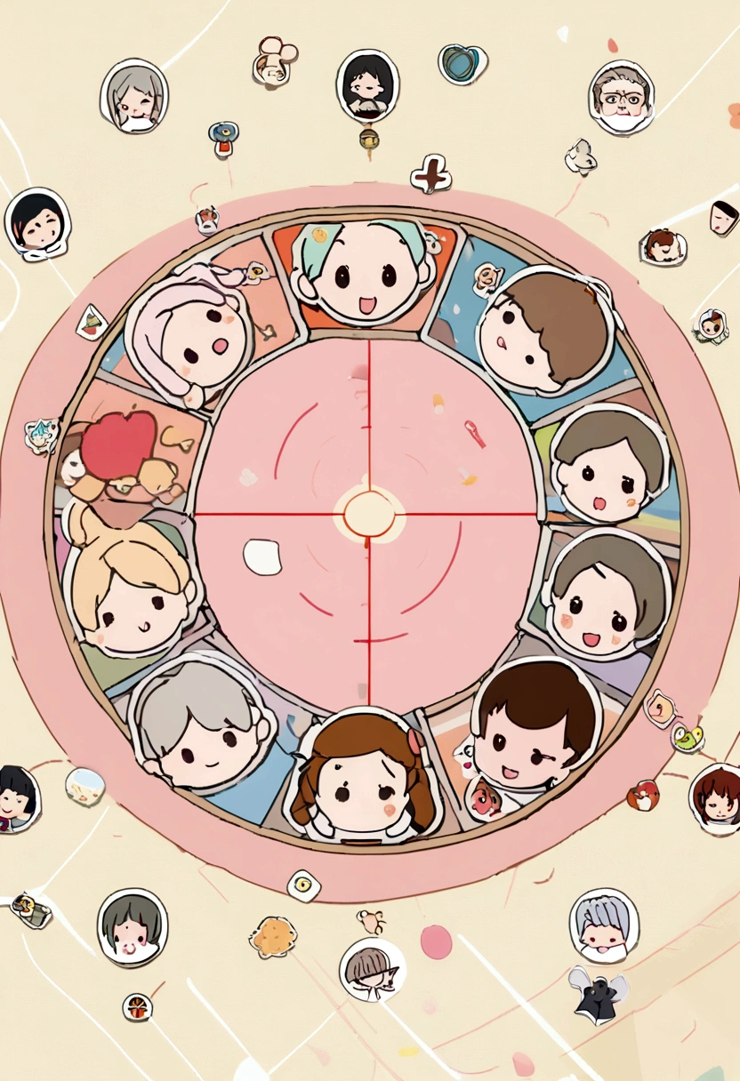 (sticker), (3D anime), ((family of 4 people)), father, mother, eldest daughter, youngest daughter,  fatherและmotherอยู่ด้านนอก, Two children were inside., (in circle background), Very detailed, Detailed diagram, is a vector, 8K, 专业sticker设计, graphic design, Vector Lines, sticker, Full HD, round family