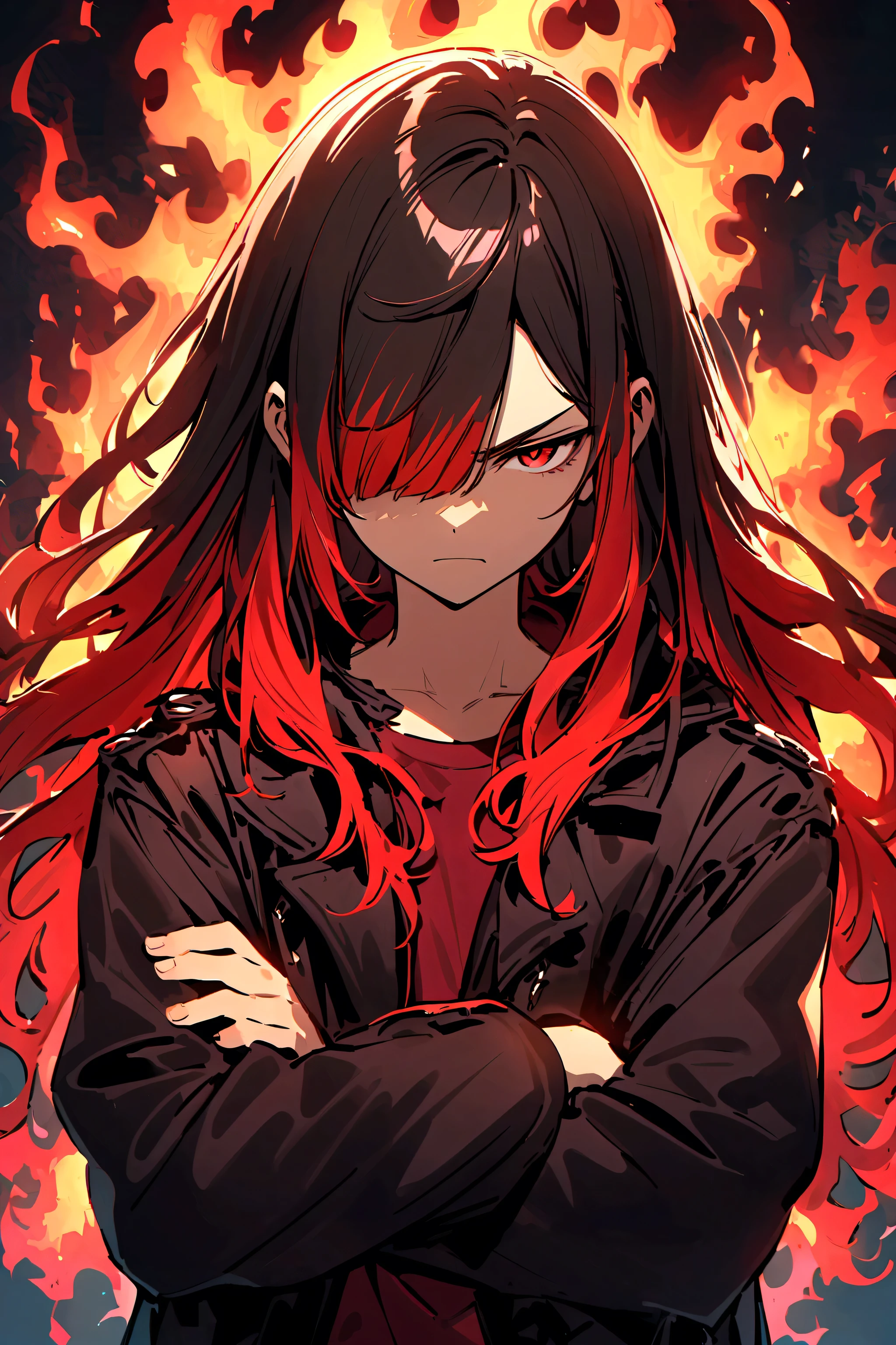 Teenage boy, serious face, tidy hair, long hair, hair with bangs covering the left eye, multicolored black and red hair, crossed arms, dark red shirt, baggy black red coat with details, fiery aura 