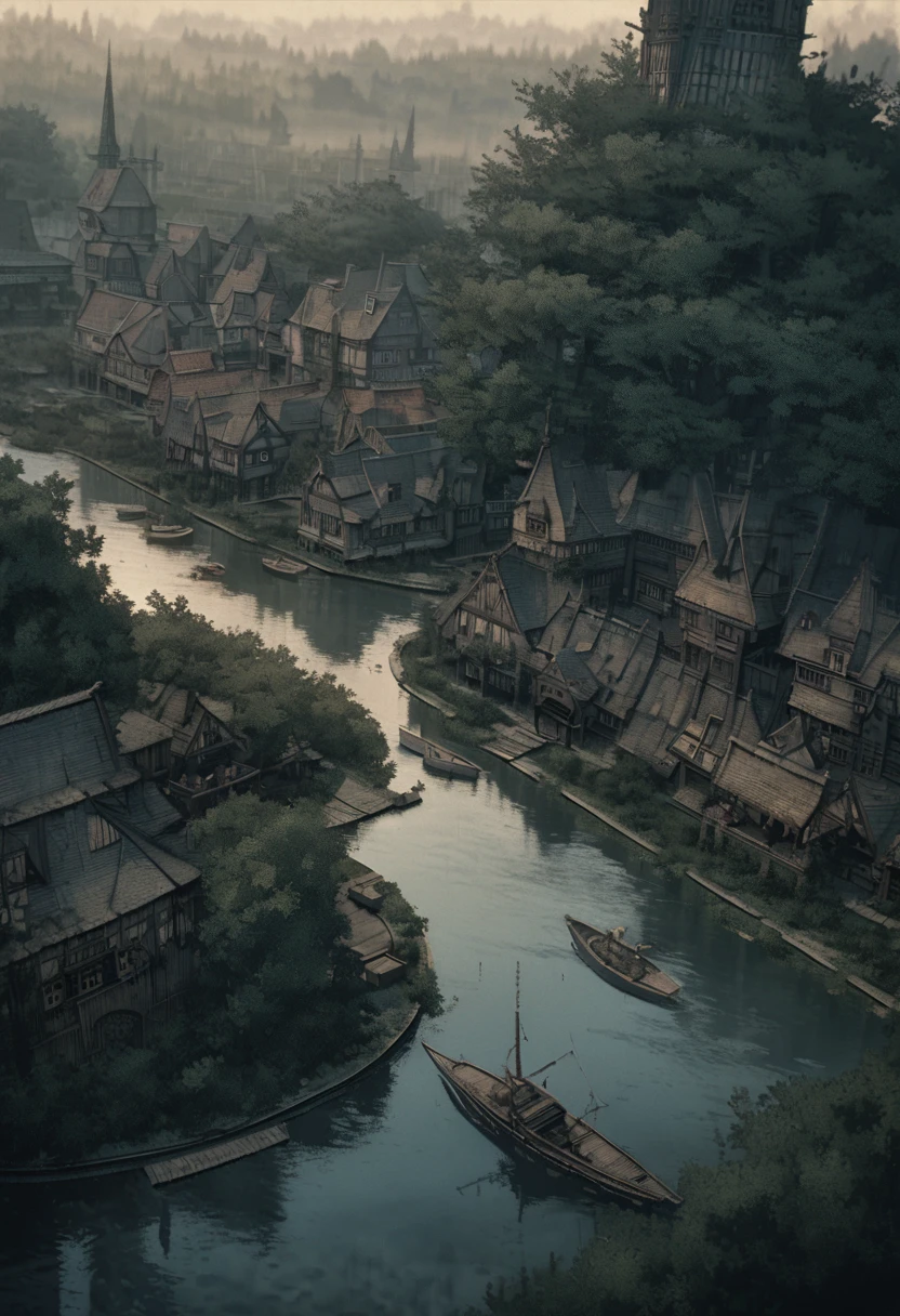 Overhead view of 1910 Europe town centered in a swamp, thick willow trees line streets, gardens, boats, manors, dusk, slate atmosphere, Cinematic, faded colors, dark shot, muted colors , grainy film, lute, insane details, intricate details, hyper-detailed, Closeup, twilights