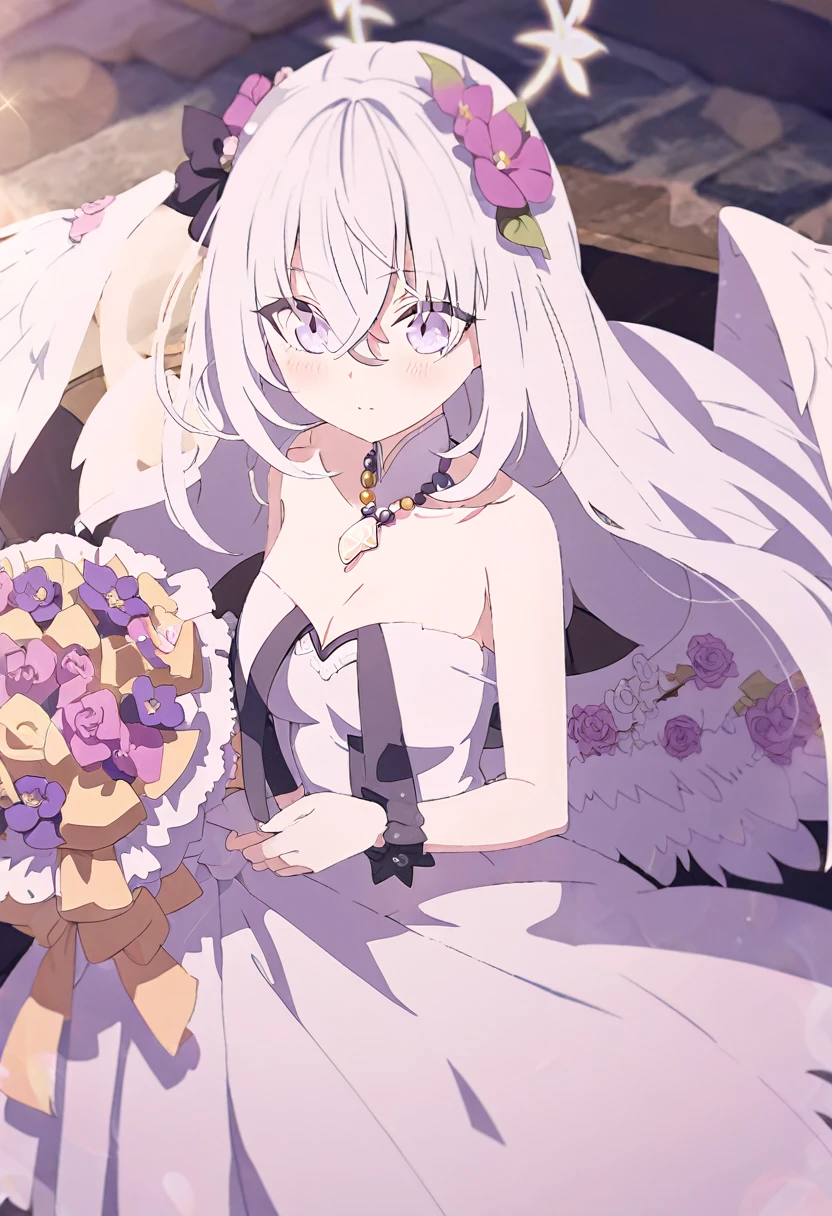 azusa \(blue archive\),AddXL, 1girl 1other alternate_costume angel_wings bare_shoulders blush bouquet breasts bridal_veil bride cleavage closed_mouth collarbone dress feathered_wings flower hair_between_eyes halo holding holding_bouquet jewelry long_hair looking_at_viewer medium_breasts necklace out_of_frame pink_flower pink_rose pov pov_hands purple_eyes rose solo_focus strapless strapless_dress veil very_long_hair wedding_dress white_dress white_flower white_hair white_rose white_wings wings