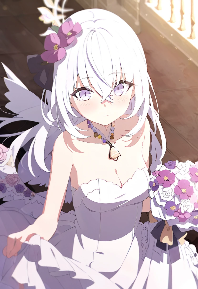 azusa \(blue archive\),AddXL, 1girl 1other alternate_costume angel_wings bare_shoulders blush bouquet breasts bridal_veil bride cleavage closed_mouth collarbone dress feathered_wings flower hair_between_eyes halo holding holding_bouquet jewelry long_hair looking_at_viewer small_breasts necklace out_of_frame pink_flower pink_rose pov pov_hands purple_eyes rose solo_focus strapless strapless_dress veil very_long_hair wedding_dress white_dress white_flower white_hair white_rose white_wings wings
