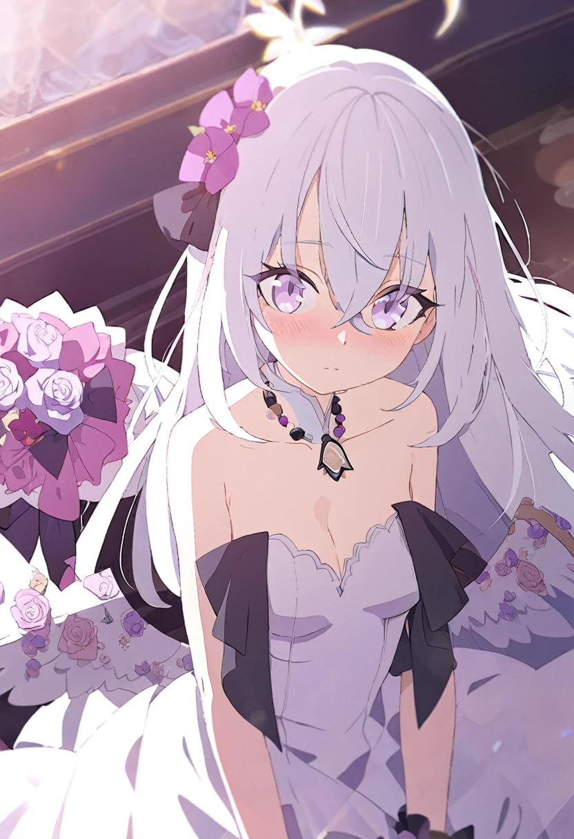 azusa \(blue archive\),AddXL, 1girl 1other alternate_costume angel_wings bare_shoulders blush bouquet breasts bridal_veil bride cleavage closed_mouth collarbone dress feathered_wings flower hair_between_eyes halo holding holding_bouquet jewelry long_hair looking_at_viewer small_breasts necklace out_of_frame pink_flower pink_rose pov pov_hands purple_eyes rose solo_focus strapless strapless_dress veil very_long_hair wedding_dress white_dress white_flower white_hair white_rose white_wings wings