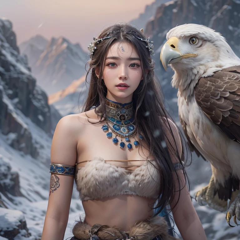Hiding in the snowy mountains、Hair flow、 ((Highest quality、masterpiece、8K、Best image quality、Ultra-high resolution、Award-winning works)、(Accurate anatomy:1.1)、(Look at me and smile:1.1)、Shining fair skin with Ultra-high resolution、The most detailed face、Ultra-high resolution detailed face、Ultra-high resolutionの髪の毛、(Ultra-high resolutionの煌めく瞳:1.1)、Beautiful face drawn in every detail、(Blurred Background:1.1)、Ancient Inuit clothing, Chest to chest, tattoo, Old ruins in the background、Apart from the real giant eagle
