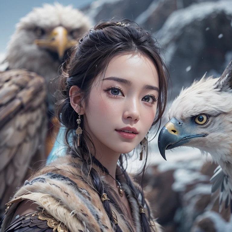 Hiding in the snowy mountains、Hair flow、 ((Highest quality、masterpiece、8K、Best image quality、Ultra-high resolution、Award-winning works)、(Accurate anatomy:1.1)、(Look at me and smile:1.1)、Shining fair skin with Ultra-high resolution、The most detailed face、Ultra-high resolution detailed face、Ultra-high resolutionの髪の毛、(Ultra-high resolutionの煌めく瞳:1.1)、Beautiful face drawn in every detail、(Blurred Background:1.1)、Ancient Inuit clothing, Chest to chest, tattoo, Old ruins in the background、Apart from the real giant eagle