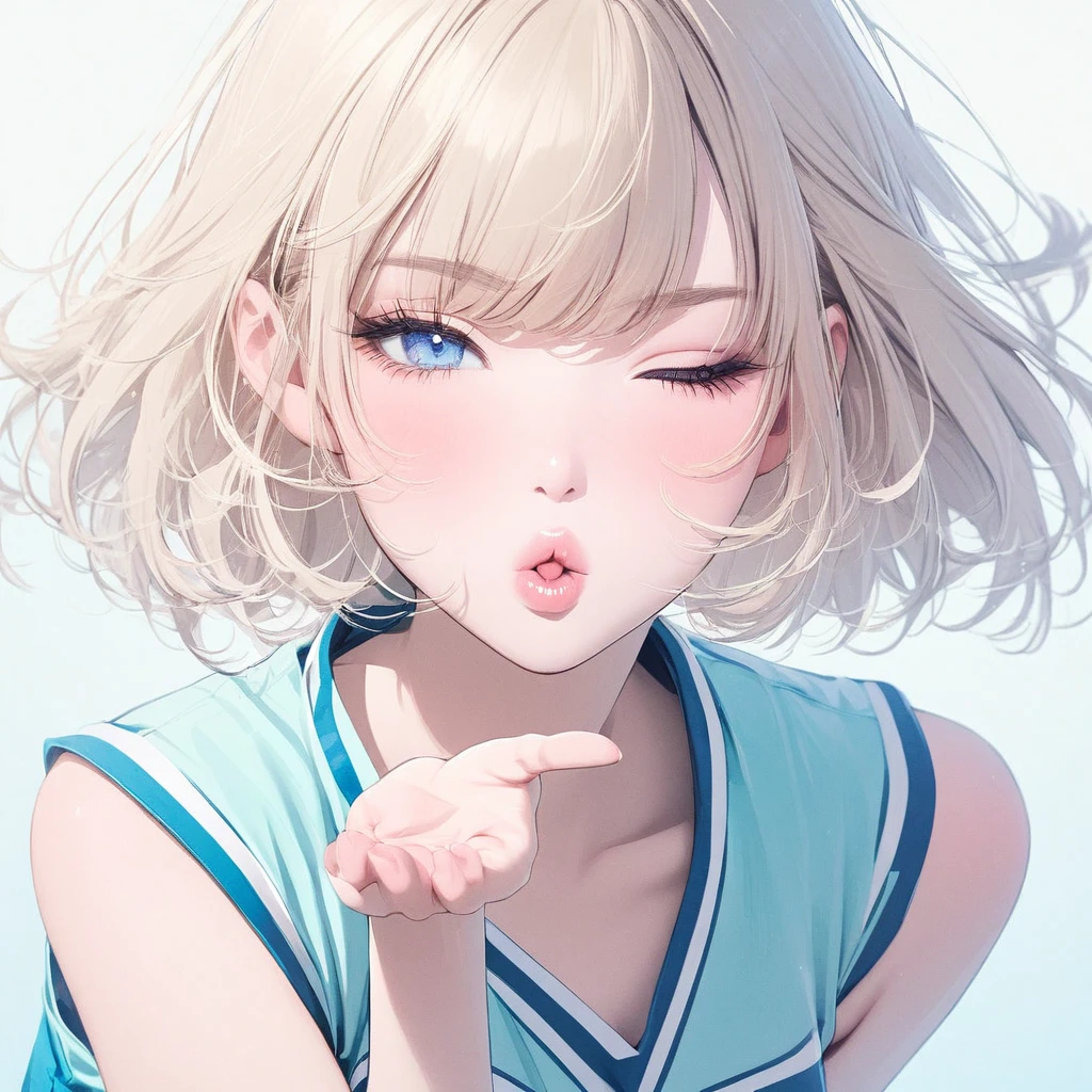 Girl, light blonde hair, blue eyes, beautiful, cheerleader uniform, pastel colors, face close-up, flat, lipgloss, brat, ethereal, short hair, puckering up, kissy face, blowing a kiss, lips closed