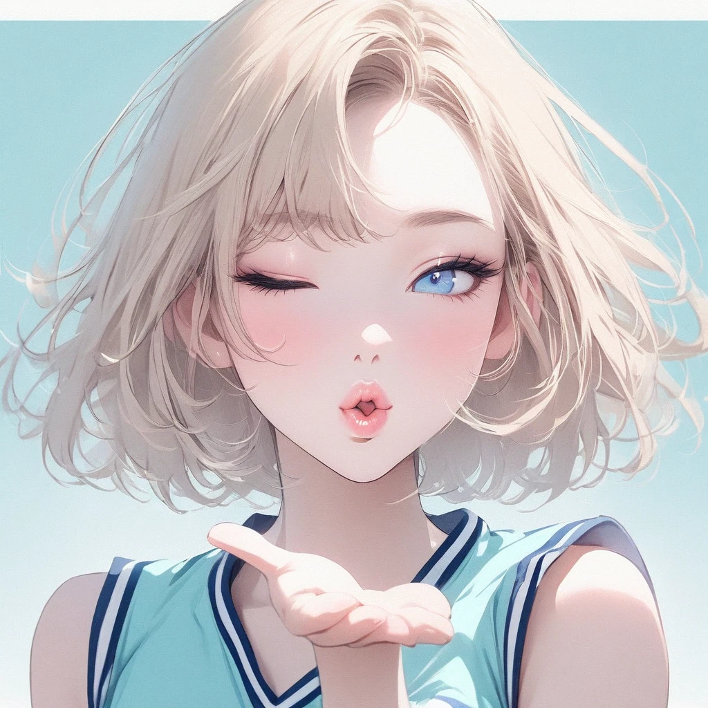 Girl, light blonde hair, blue eyes, beautiful, cheerleader uniform, pastel colors, face close-up, flat, lipgloss, brat, ethereal, short hair, puckering up, kissy face, blowing a kiss, lips closed