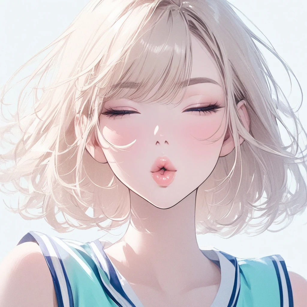 Girl, light blonde hair, blue eyes, beautiful, cheerleader uniform, pastel colors, face close-up, flat, lipgloss, brat, ethereal, short hair, puckering up, kissy face, blowing a kiss, lips closed