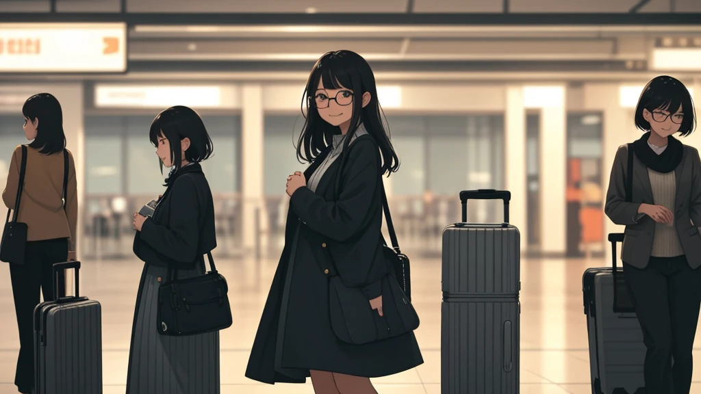 Girls with suitcases, their faces radiating a pretty and cheerful demeanor, are meticulously preparing to board their travel plane. Dressed in casual yet chic outfits, their hair gently dancing in the mild airport breeze, they exude a sense of excitement and anticipation. One of them might be adjusting her glasses, while the other is double-checking her passport, both smiles never leaving their faces. Their suitcases, nestled neatly beside them, are filled with memories and expectations of their upcoming journey.
