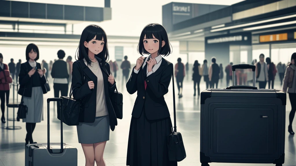 Girls with suitcases, their faces radiating a pretty and cheerful demeanor, are meticulously preparing to board their travel plane. Dressed in casual yet chic outfits, their hair gently dancing in the mild airport breeze, they exude a sense of excitement and anticipation. One of them might be adjusting her glasses, while the other is double-checking her passport, both smiles never leaving their faces. Their suitcases, nestled neatly beside them, are filled with memories and expectations of their upcoming journey.