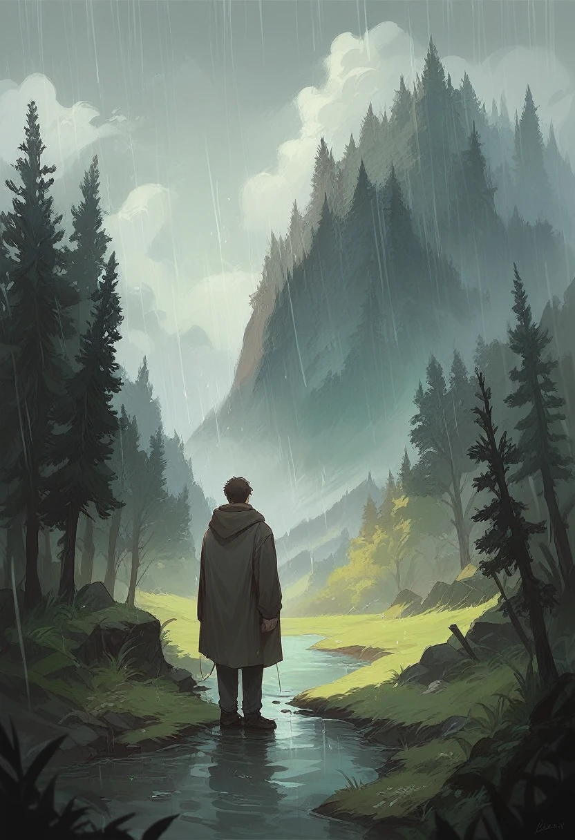 Create a realistic image of a forest landscape with rain
