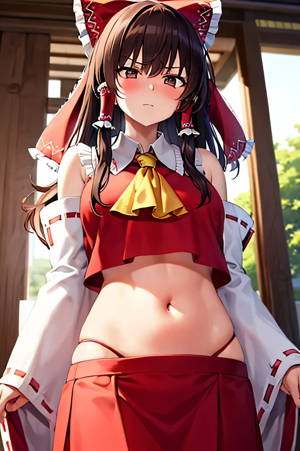 super fine illustration, vibrant colors, masterpiece, sharp focus, best quality, depth of field, cinematic lighting, ultra detailed, blush, annoyed, belly button, navel, hips, 1girl, looking down, shrine maiden, hakurei reimu, 1girl, ascot, hair tubes, detached sleeves, looking down, red shirt, red skirt, long skirt, long hair, dark brown hair, indoors, mature woman,