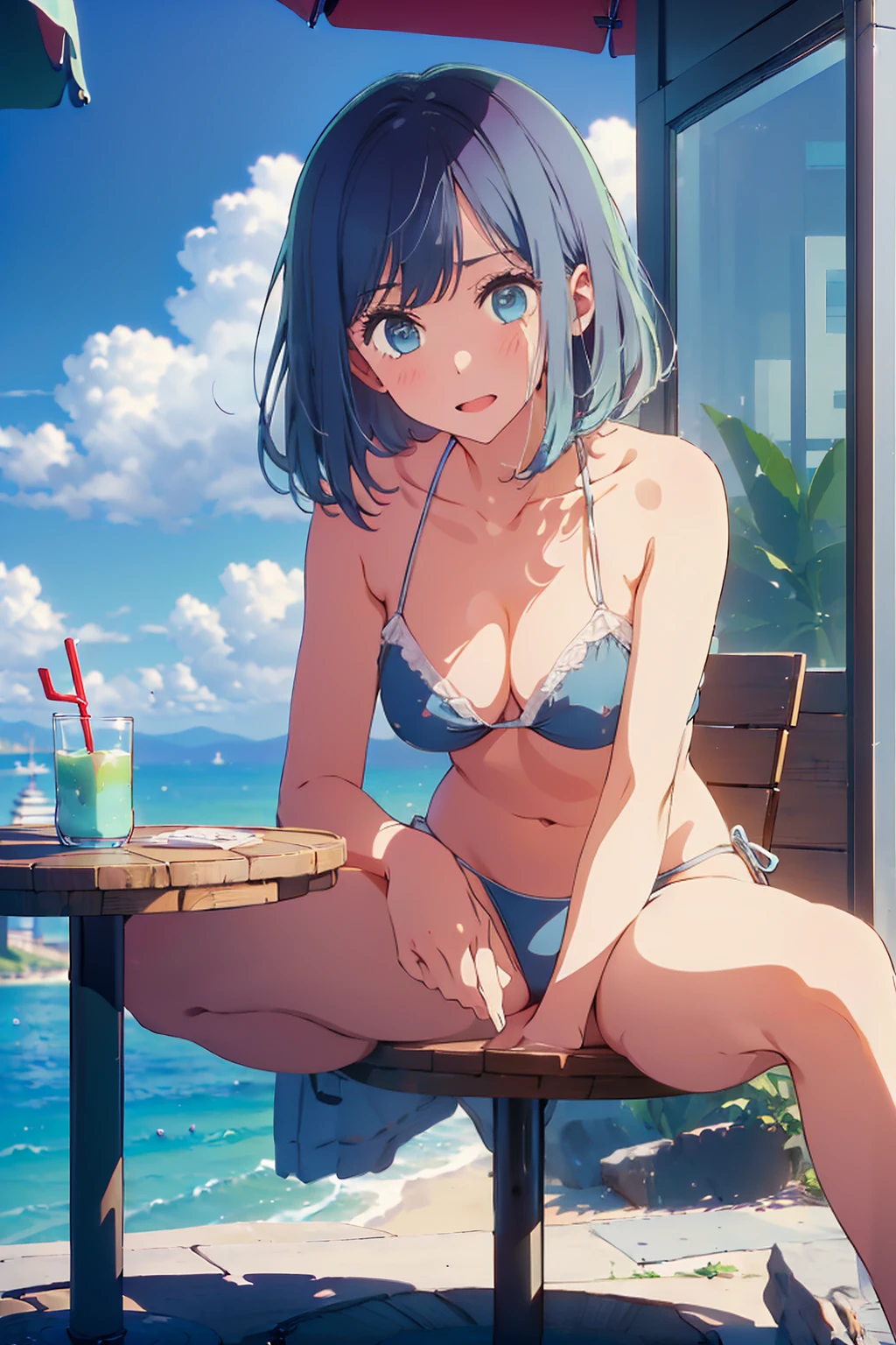 (Highest quality:1.4、masterpiece:1.4、Super detailed:1.4、8K:1.4)、F cup bust、Big Breasts、Slim body、((((1 person、Surprised expression、sit、In the background are the urban buildings of Tokyo、looking at the camera、Outdoor café terrace、coastal、Navy hair color、Shooting from an oblique angle、juice、table、Very cute face))))、((nude、Areola、bikini size too small))、Very blue sky、A completely cloudless sky、Big eyes、((((Shallow depth of field))))