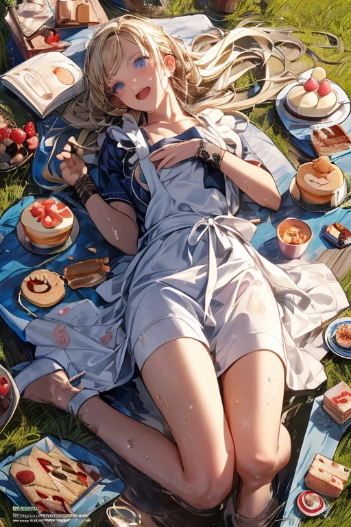 (from above:1.2),18 year old beautiful girl,Purplish blue eyes that dreamers desire,(Blonde hair) , small stature, (masutepiece:1.2, Best Quality),(finely detailed beautiful eye: 1.2),(beautifull detailed face),(perky chest:1.1),(pointed chest:1.2),(cakes magazine cover:1.5),(Best Illumination, extremely delicate and beautiful),sexy pose,Ultra Contrast,Braid a little around the ears, White long dress, (very detailed),(Raw photo, highest quality),(realistic, Photoreal:1.3), high detail, very detailed complex 3D rendering of face, (very detailed skin:1.2), dynamic angle, fire glow effect, professional lighting, side light, cinematic light, a super high resolution, 8K , best shadow, particles of light, Fine skin texture, detailed face, intricate details, Super detailed, shine, Please reconsider, full body,, beautiful face, shiny skin, thin, nice companion, delicate body, thin legs, cute apron, ((crawl on all fours:0.6)), beautiful back,little turn around, bend the body, the skirt is floating in the wind, Dark purple panties, thin Pubic hair ,highest quality, high resolution, Real World, Natural light, perfect Natural Light, ((the tip is protruding, areolas protruding)),Sweating,Wet,Wet crotch,Wet thighs,Realistic, (cute, perfect clothes: 1.3) ,narrow waist,(with sparkling eyes and a contagious smile), open mouth, looking at viewer,