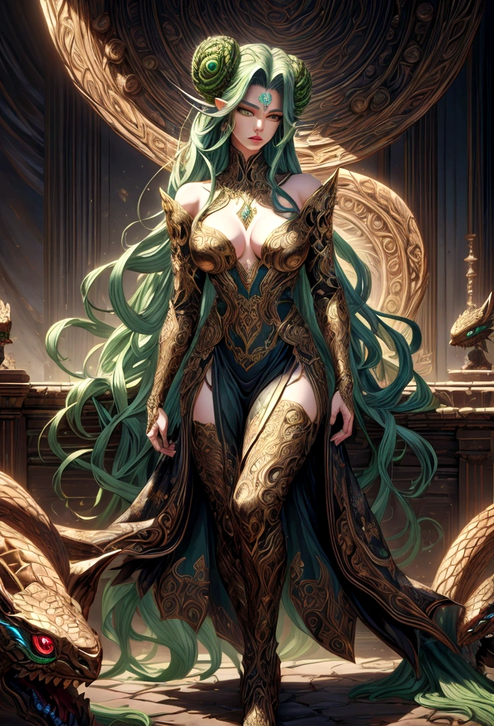 ((best quality)), ((masterpiece)), ((realistic)), Medusa, full body, the hair is composed of countless small snakes, green eyes, female face, metal carved top, royal aura, trend on artstation , sharp focus, studio photo, intricate detail, very detailed, detailed eye, illustration, very detailed, sharp focus, digital render, professional, 4k