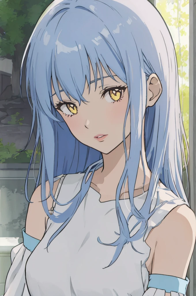 anime style, 1girl, light blue hair, long hair, yellow eyes, white sleeveless dress, light purple sleeves, lips,, portrait,,