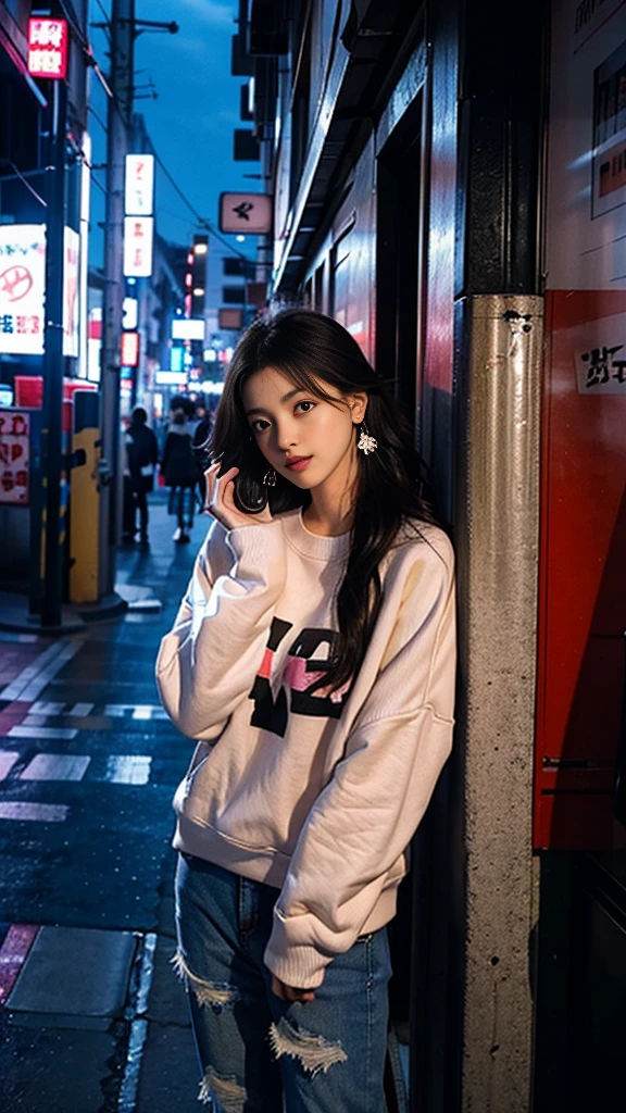 one girl,Beutiful women,Photograph the whole body,At night,In a corner of Kabukicho,Put on earrings,Wear a sweatshirt