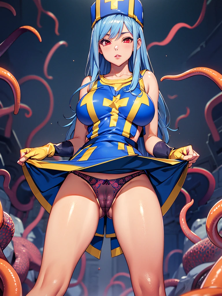 masterpiece,Highest quality, Unreal Engine, Super Resolution, Very detailed,
1 Girl, Waist, thin, (Muscular:0.8)
Round Breasts, Big Breasts, Bold, Part your lips, Observe the audience,
Are standing, sexy pose
Waist shot,Tentacles entangled in chest,Spread your legs,
, Key Visual,
Light blue hair, Red eyes, Long-haired monk \(dq3\)
,,Tabard Elbow Gloves((Spread your legs上げる:1.3)),(Cameltoe:1.5)、(See-through panties:1.2)