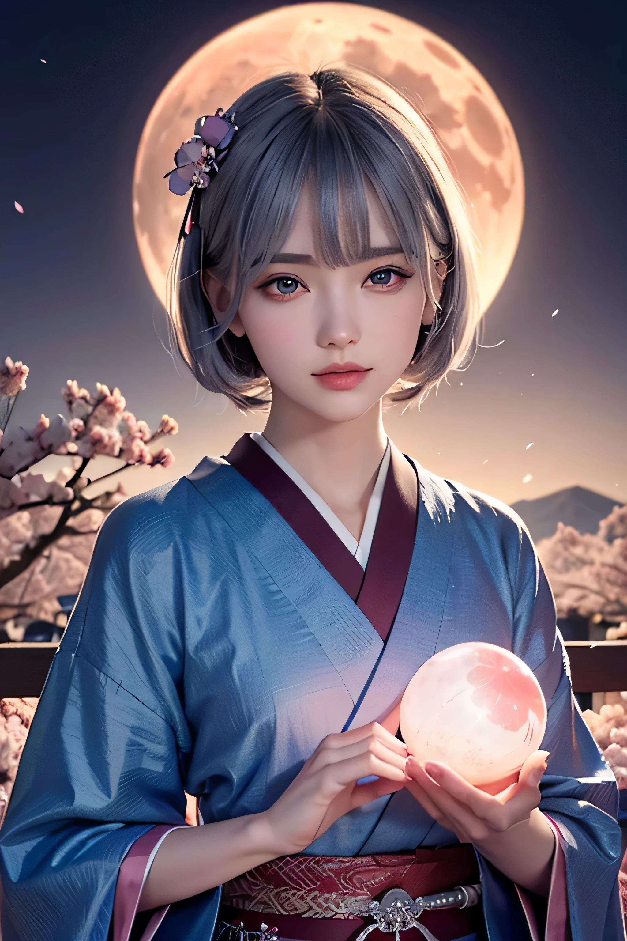 (Holding a glowing blue crystal ball in each hand)),positive,Front configuration,Upper Body,((Observe the audience)),gorgeous red and black kimono,Cherry Blossom Hair Accessories,length, Short Hair, Silver Hair,Cherry Blossom Hair Accessories,Beautiful and delicate face,blush,Cherry pink eyes,Big eyes,Extremely fine resolution,Highest quality,(Pink Moon),mysterious,Cherry Blossoms at Night,Beauty