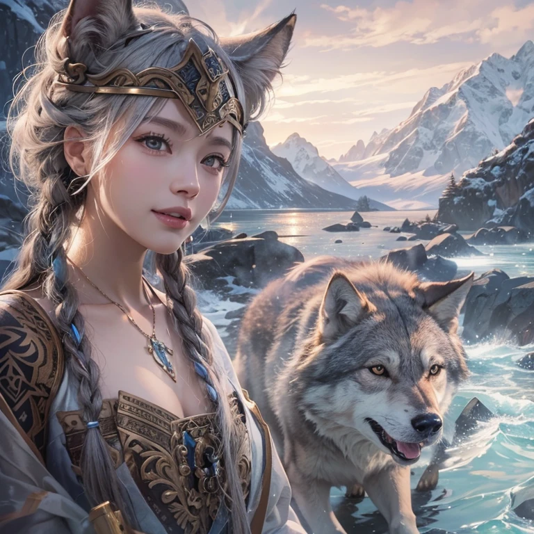 Lakeside surrounded by snowy mountains、Hair flow、 ((Highest quality、masterpiece、8K、Best image quality、Ultra-high resolution、Award-winning works)、(Accurate anatomy:1.1)、(Look at me and smile:1.1)、Shining fair skin with Ultra-high resolution、The most detailed face、Ultra-high resolution detailed face、Ultra-high resolutionの髪の毛、(Ultra-high resolutionの煌めく瞳:1.1)、Beautiful face drawn in every detail、Ancient Viking clothing, Chest to chest, tattoo, A real wolf is by your side