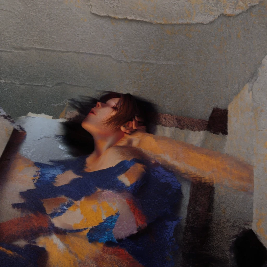 18 year old junkie woman, nude, junkie, beaten and bruised, lying on a bed, hands tied to a bedpost, legs spread wide, bleeding pussy, tears