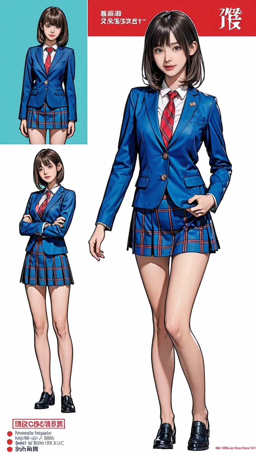 ((masterpiece)),(((Highest quality))),((Character design sheet)),Thin thighs,Long legs,Girl standing in a school classroom,Red Tie Uniform,Dark Blue Blazer,Blue plaid skirt,18-year-old,bangs,A small smile,Random Pause,pretty girl,Slender girl,