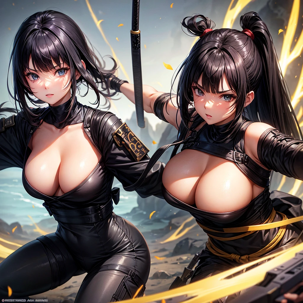 busty, brunette skin, caramel eyes, straight black hair bangs, ninja soldier outfit,