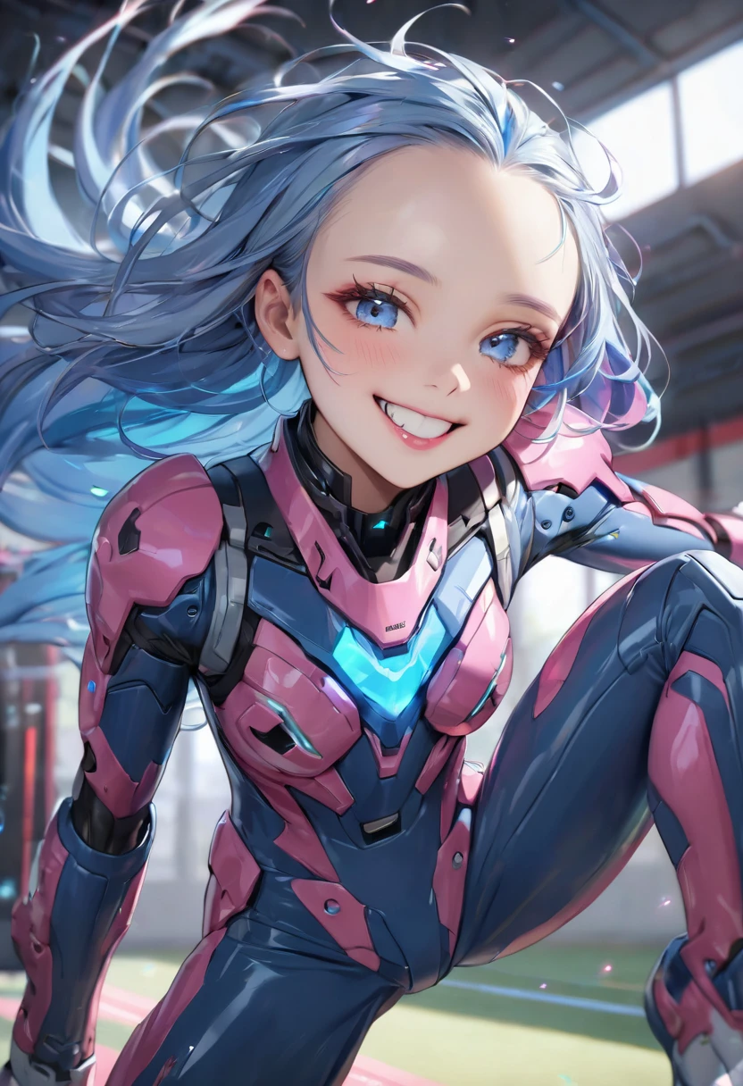 (battle style) (in a detailed beautiful Cyber Battle Suit), (15 yo, solo:2, forehead blue hair long hair lovely girl, cute blue eyes, grin smile, pink lip), (Preparing for a high kick), break, in the Training ground, BREAK, ((body is lightning:1.3 effect)), perfect anatomy, masterpiece, best quality, 16k, beautiful detailed grow, daydreaming expression.