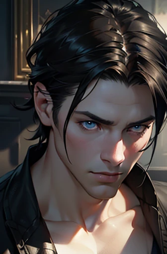 1male with black hair, blue eyes, and pale skin, 31 years old, (best quality,4k,8k,highres,masterpiece:1.2),ultra-detailed,(realistic,photorealistic,photo-realistic:1.37),cinematic lighting,dramatic lighting,intricate details,porcelain skin,elegant,serene,thoughtful expression,atmospheric,moody,dramatic shadows,chiaroscuro,neo-renaissance