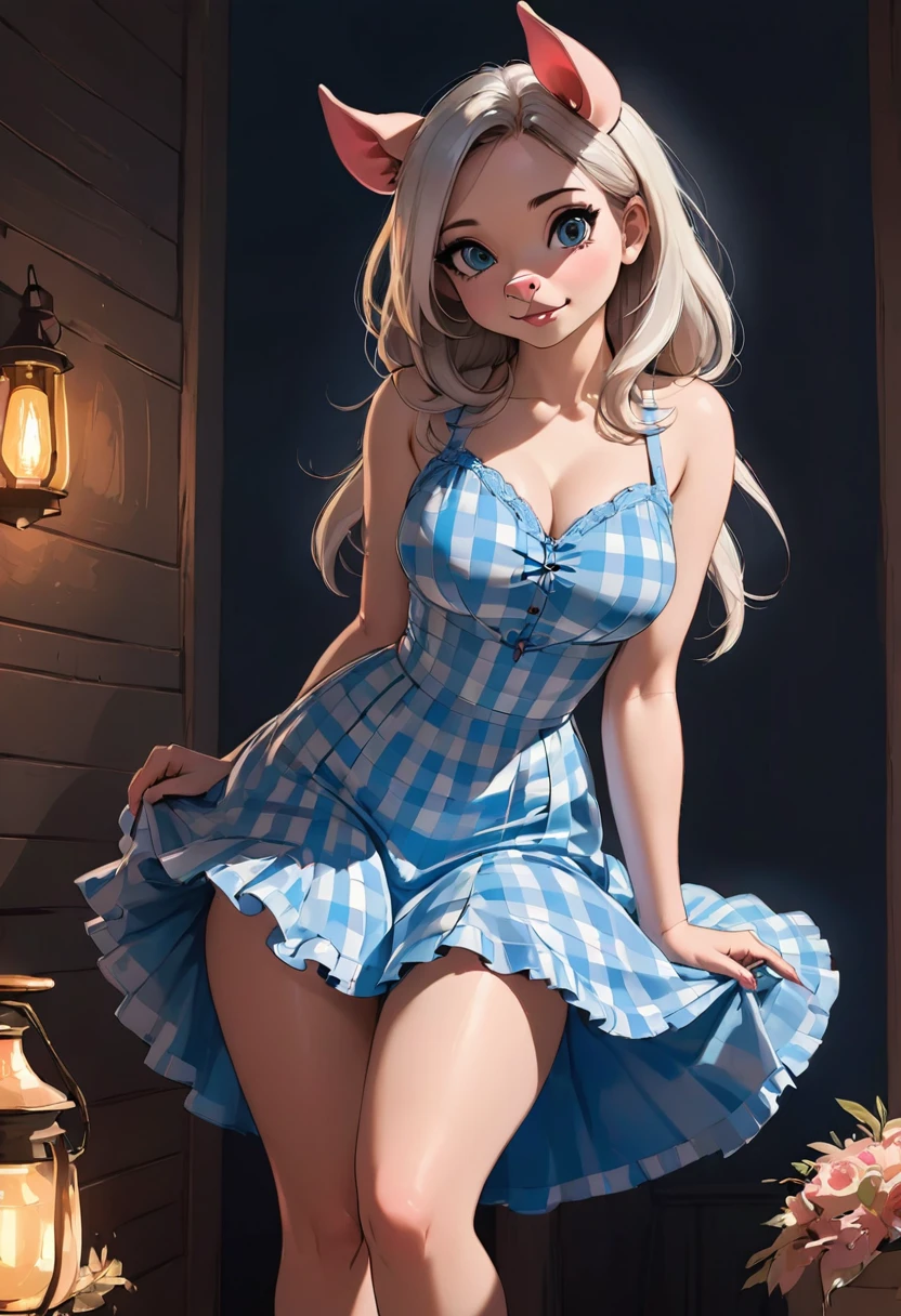 Create an illustrated, hand-drawn, full-color image of an humanoid, hybrid, anthropomorphic, sexy pig woman. The artwork should be rendered in the style of "Breath of the Wild," featuring warm lighting and shadows. Include graphite shading, stencil marks, and airbrushed acrylic paint effects. The image should be of the highest quality, a masterpiece with intricate details. cow nose, cow ears. The pig woman should have a female, humanoid, appearance. She should have luscious lips, a wide smile, and bright, expressive eyes, exuding beauty, cuteness, and adorableness. Ensure the image is high resolution and sharply detailed, with a detailed and vibrant background. Scarlett Johanson, Alison Brie, Dove Cameron Incorporate mystical lighting in the background, creating a romantic and enchanting atmosphere. gingham dress.