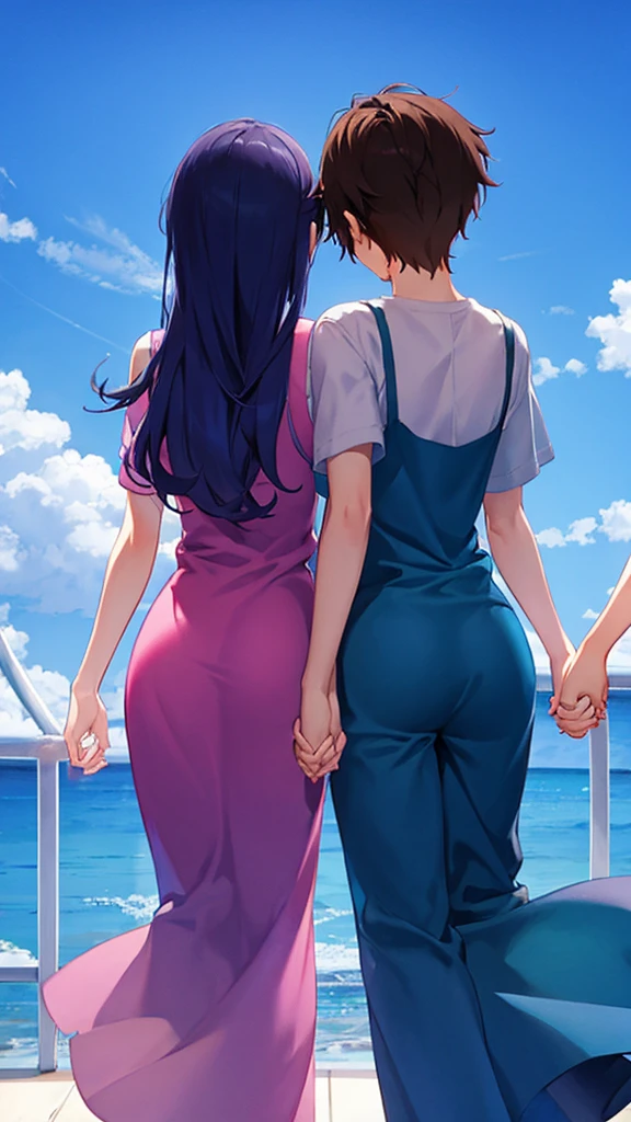 Emotional blue sky　Back view of lovers holding hands　Casual clothing　anime　