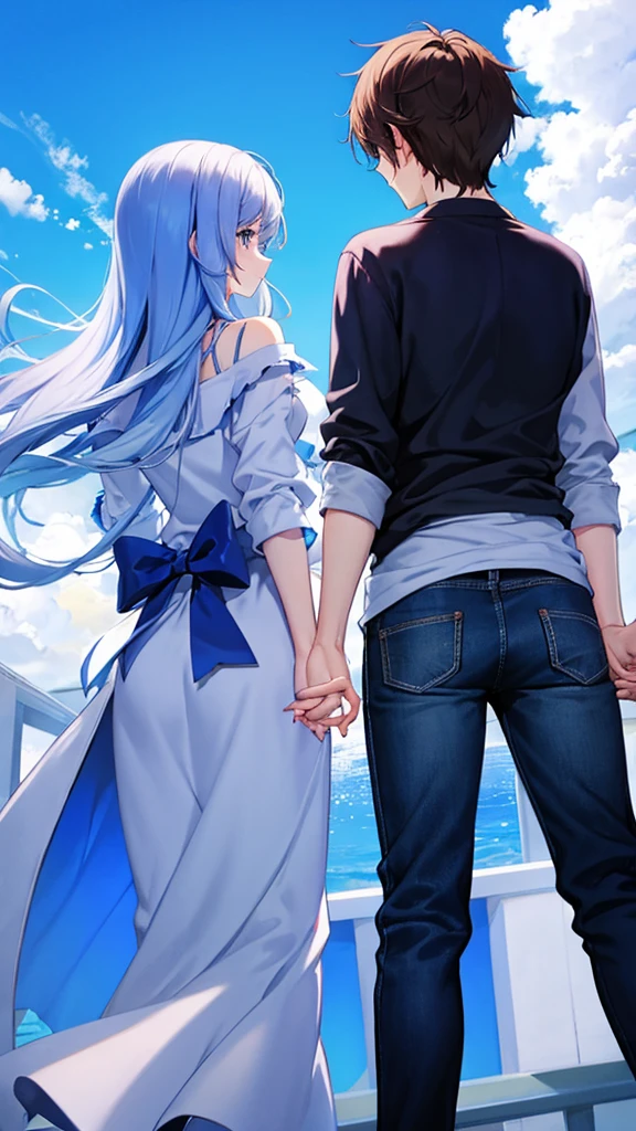 Emotional blue sky　Back view of lovers holding hands　Casual clothing　anime　