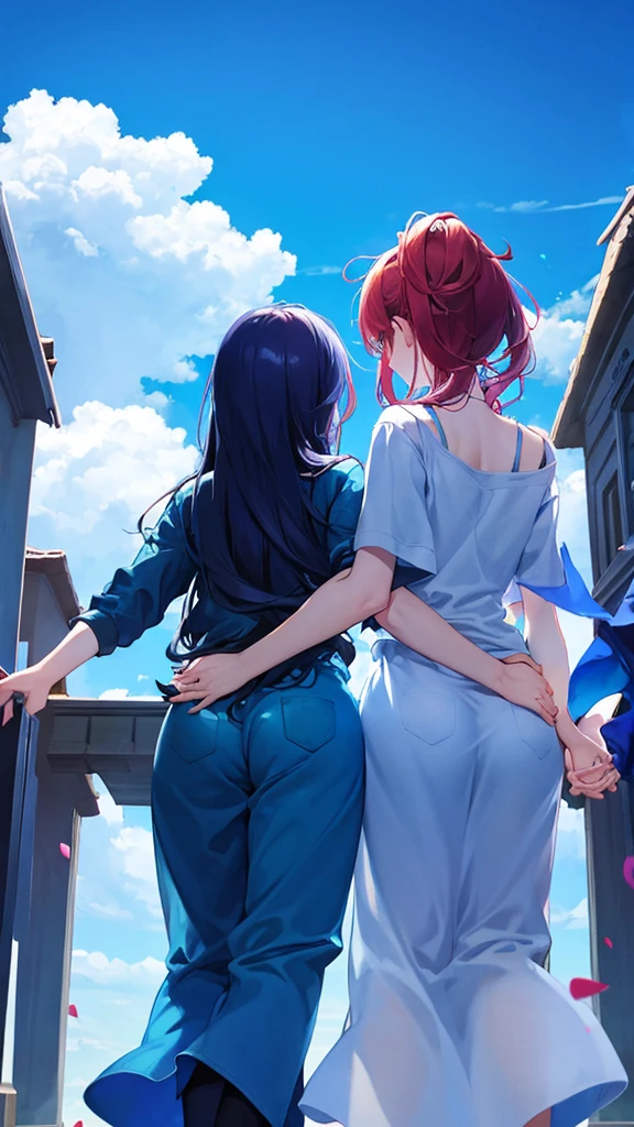 Emotional blue sky Back view of lovers holding hands Casual clothing anime