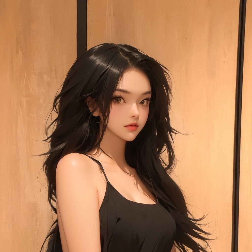 a close up of a 2D in a black dress posing for a picture
