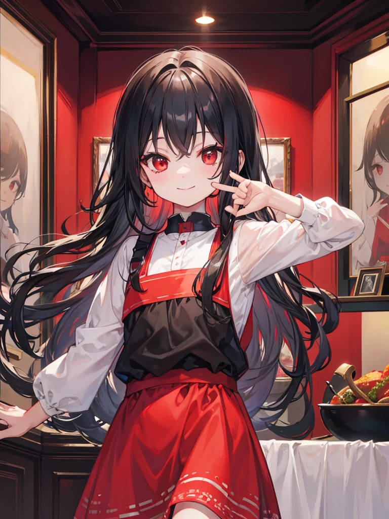 , red eyes, long wavy curry black hair, ???, smile, background in mansion