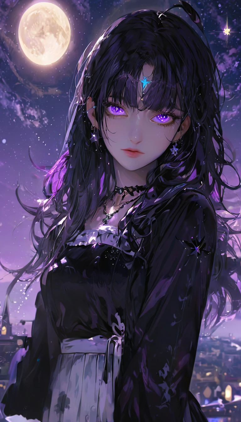girl, Located in the corner, looking at the Sky, Solitary, Mona (Genshin Impact), Necklace, Hair between the eyes, Star (Symbolism), Long hair, Dark purple hair, Double tail, blue eyes, Shining eyes, Jewelry, witch, maid, Bangs, Purple black dress, Purple skirt, White apron, landscape, night Sky, Star (Sky), Starry Sky, night, outdoor, cloud, reflection, water, magic, Tarot, water magic, ((beautiful golden crystal Star)), space, water droplets, splash