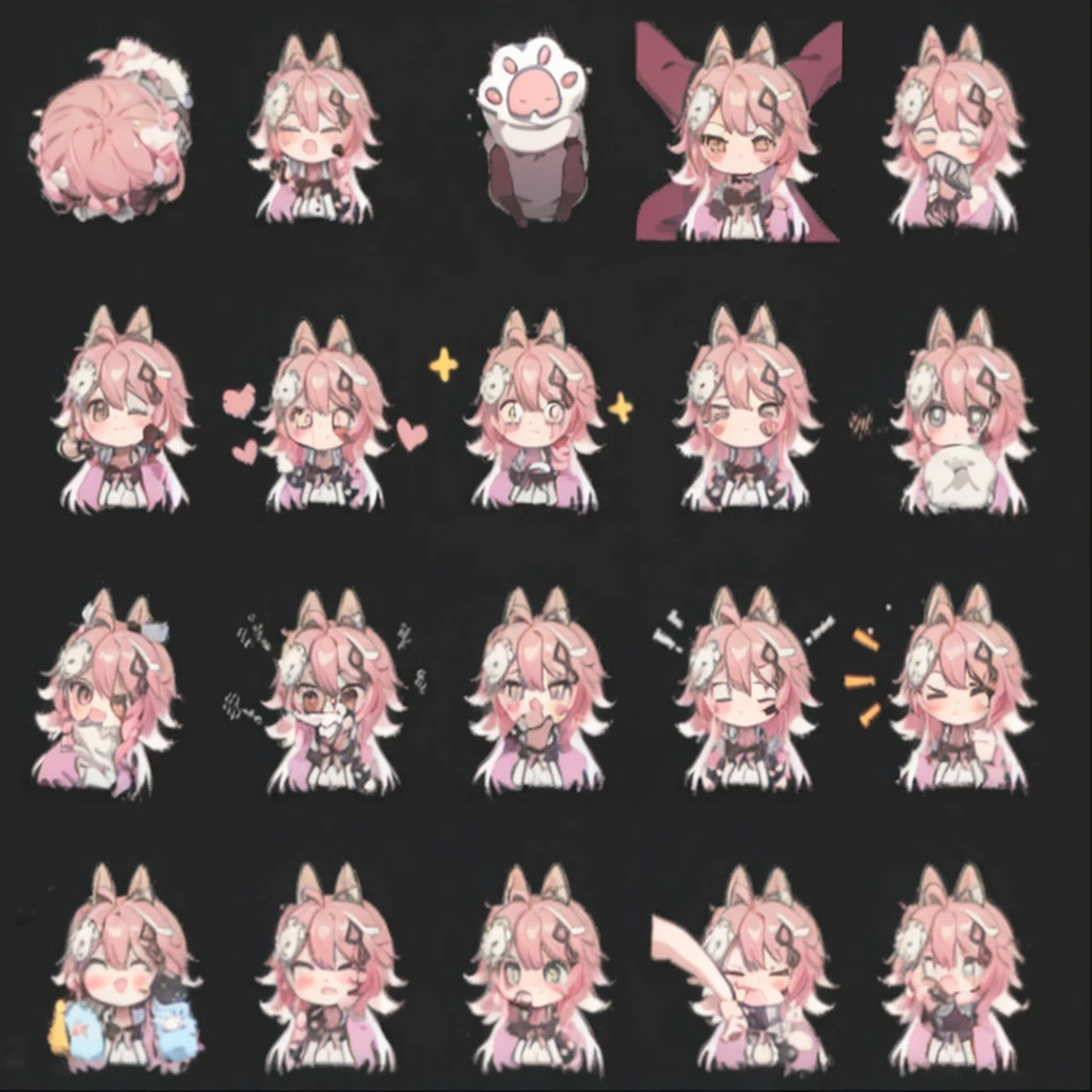anime foxgirl with pink hair and white dress holding a cat, cute anime foxgirl, anime girl with fox ears, chibi, upper body, big head, laugh, and character traits, 9 emojis, 9 emotions, Grieves, astonishment, having fun, sound sleep, big laughter, irate, doubt, Sell moe, angry