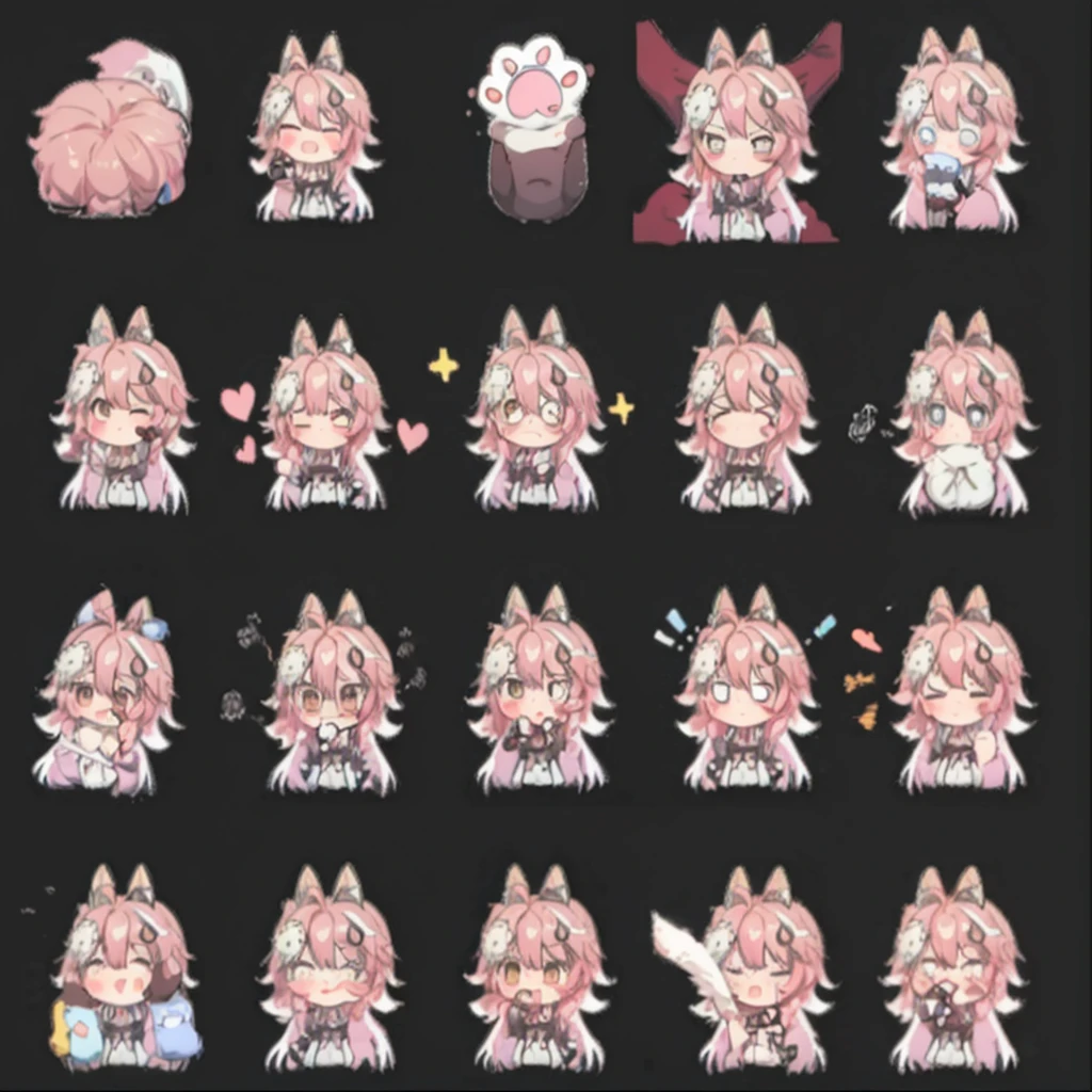 anime foxgirl with pink hair and white dress holding a cat, cute anime foxgirl, anime girl with fox ears, chibi, upper body, big head, laugh, and character traits, 9 emojis, 9 emotions, Grieves, astonishment, having fun, sound sleep, big laughter, irate, doubt, Sell moe, angry