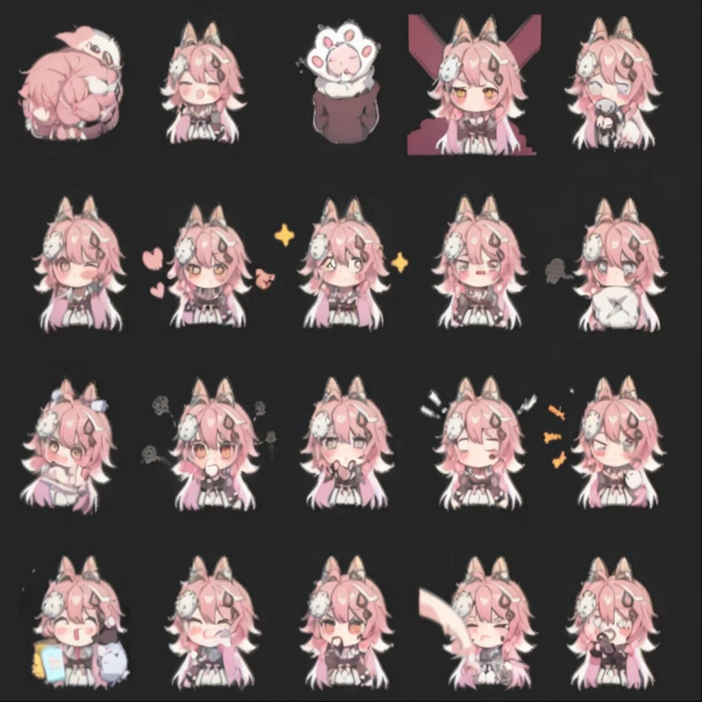 anime foxgirl with pink hair and white dress holding a cat, cute anime foxgirl, anime girl with fox ears, chibi, upper body, big head, laugh, and character traits, 9 emojis, 9 emotions, Grieves, astonishment, having fun, sound sleep, big laughter, irate, doubt, Sell moe, angry