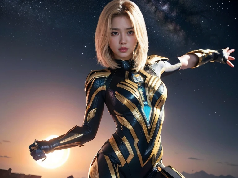 (RAW Photos, Highest quality), (Realistic, Photorealistic:1.3), 1 Girl、Realisticbody、Hieroglyphic Battle Costume、Meteor warrior flying from space、Fighting the reptilian aliens、Shielded Reflector Laser、smile