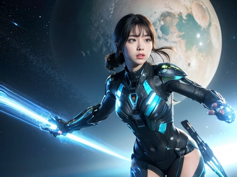 (RAW Photos, Highest quality), (Realistic, Photorealistic:1.3), 1 Girl、Realisticbody、Hieroglyphic Battle Costume、Meteor warrior flying from space、Fighting the reptilian aliens、Shielded Reflector Laser、smile