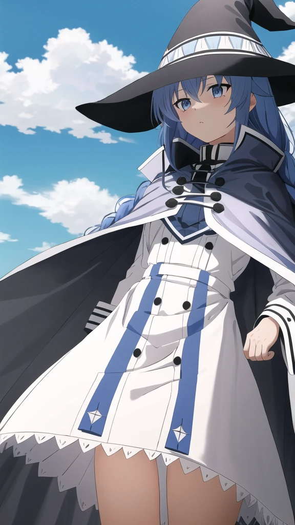 Browsing Caution,Under the skirt,Panty shot,White lace panties,Mushoku Tensei Style, Roxy Migurdia, One Girl, bangs, Black Hat, Blue background, blue eyes, Blue Hair, Braiding, brown Cape, Cape, close, Floating Hair, Hair between the eyes, have, Long Hair, View your audience, Portraiture, alone, witch have, ((masterpiece)), cloud, Outdoor,    