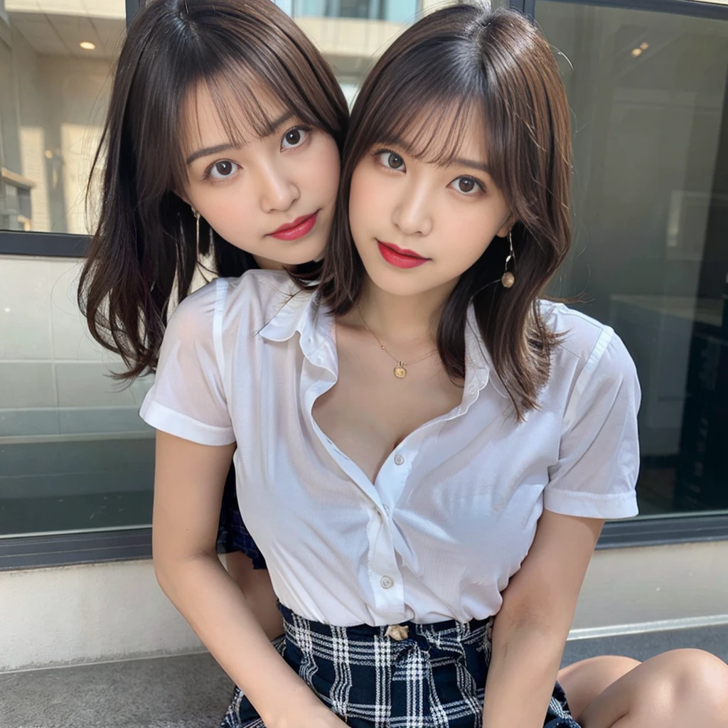 (masterpiece, realistic, photo-realistic:1.2), finely detail, ultra high res, perfect anatomy, best quality, 8K, soft focus, (happy smile:1.2), (2girls side by side,  Japanese short girls, nsfw, T-shirt, short pants:1.2), upper body shot, focus on breasts, (black straight hair, short hair, blunt bangs:1.2), beautiful detailed face and big eyes, (glowing fair skin:1.2), (pointed huge breasts, gigantic breasts:1.2), (bloom, awesome detailed pool side, sunshade, beach chair:1.2),