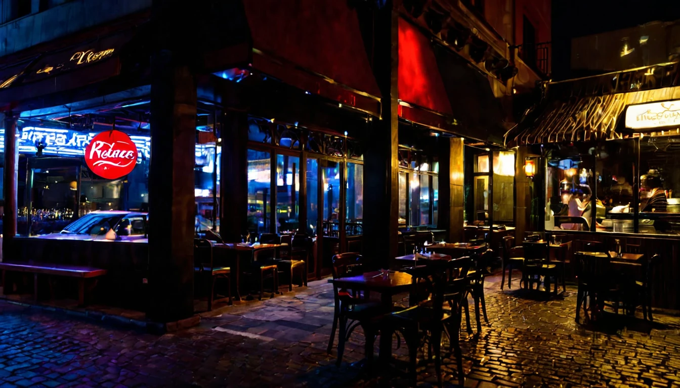 first person view, front of the restaurant, no people in the place, dark night